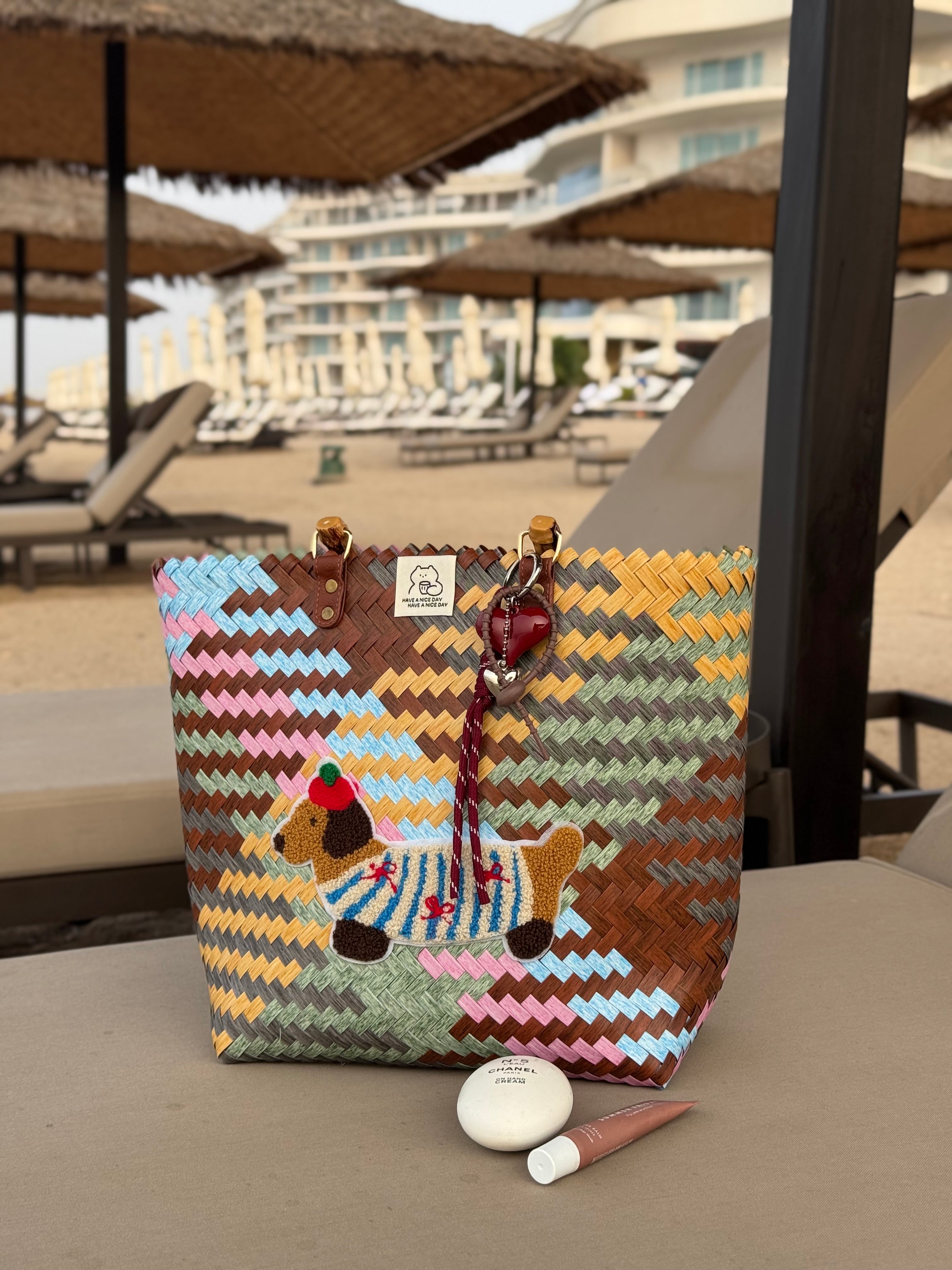 Woven Puppy Beach Bag Colorful