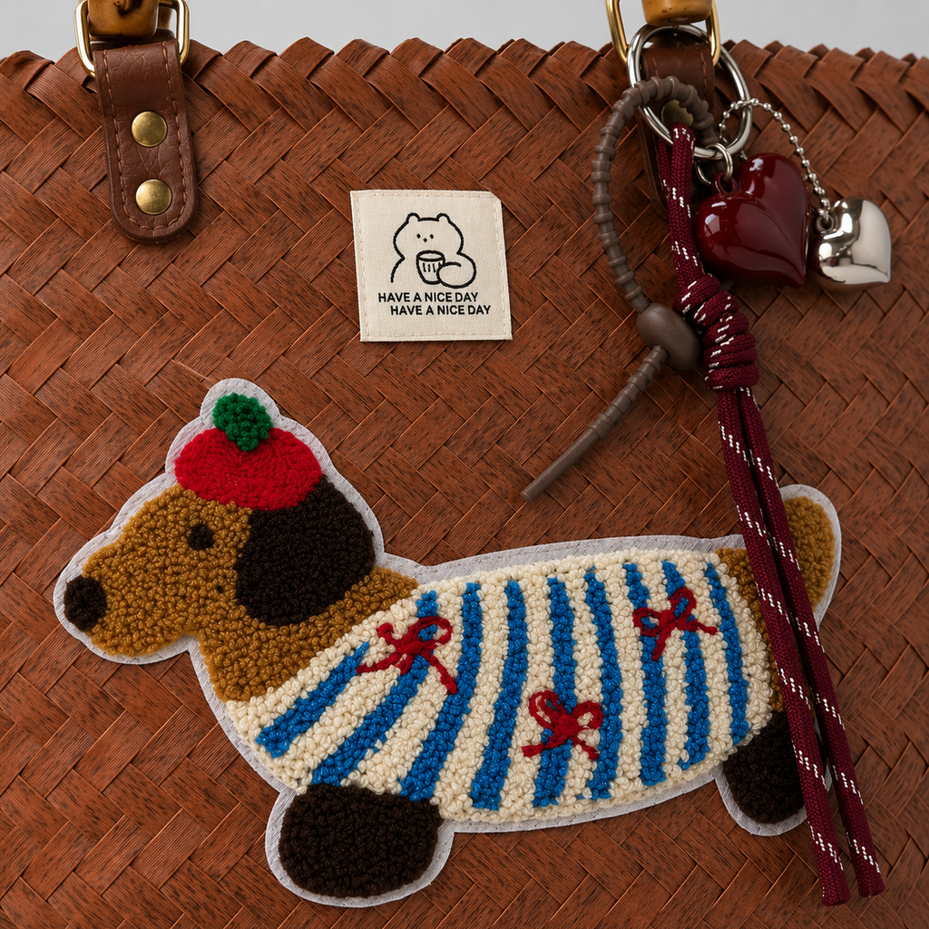 Woven Puppy Beach Bag Brown