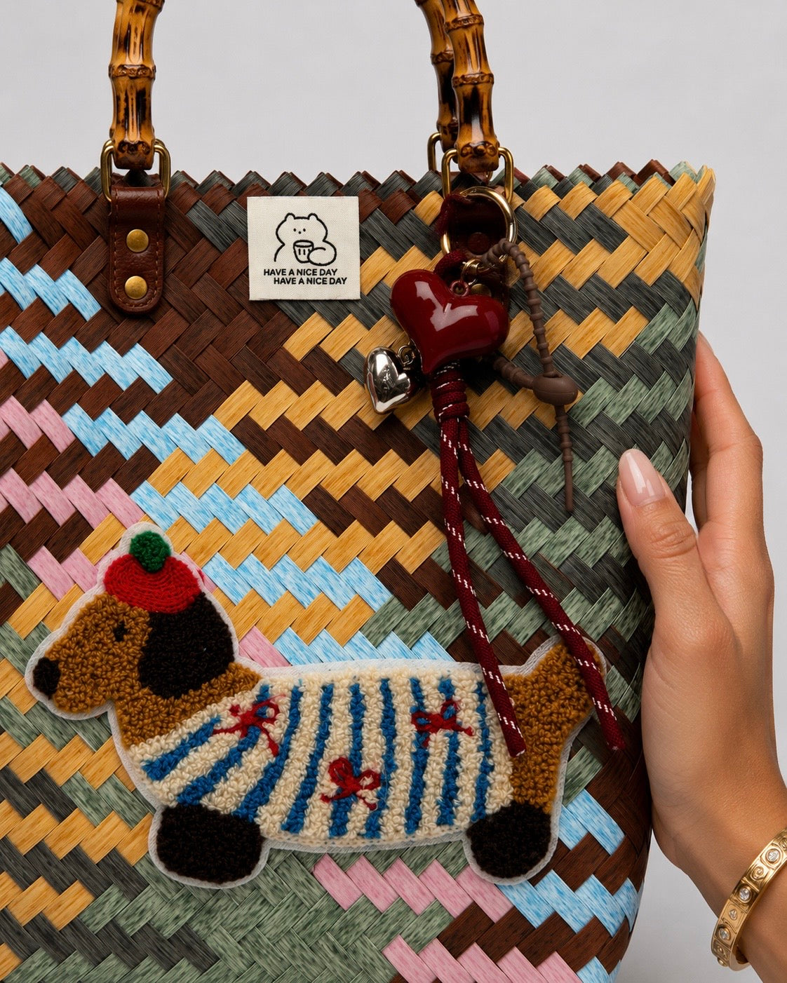 Woven Puppy Beach Bag Colorful