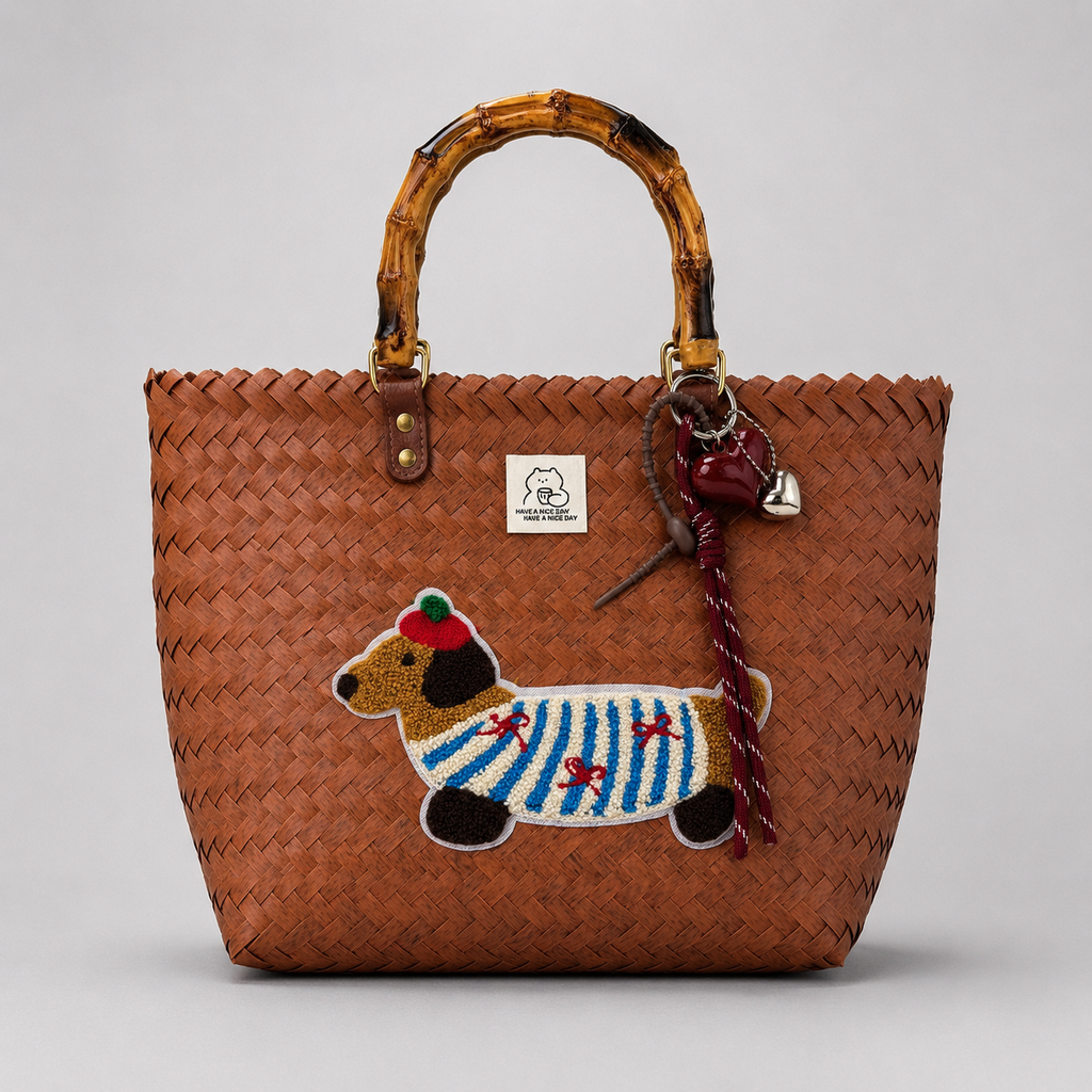 Woven Puppy Beach Bag Brown