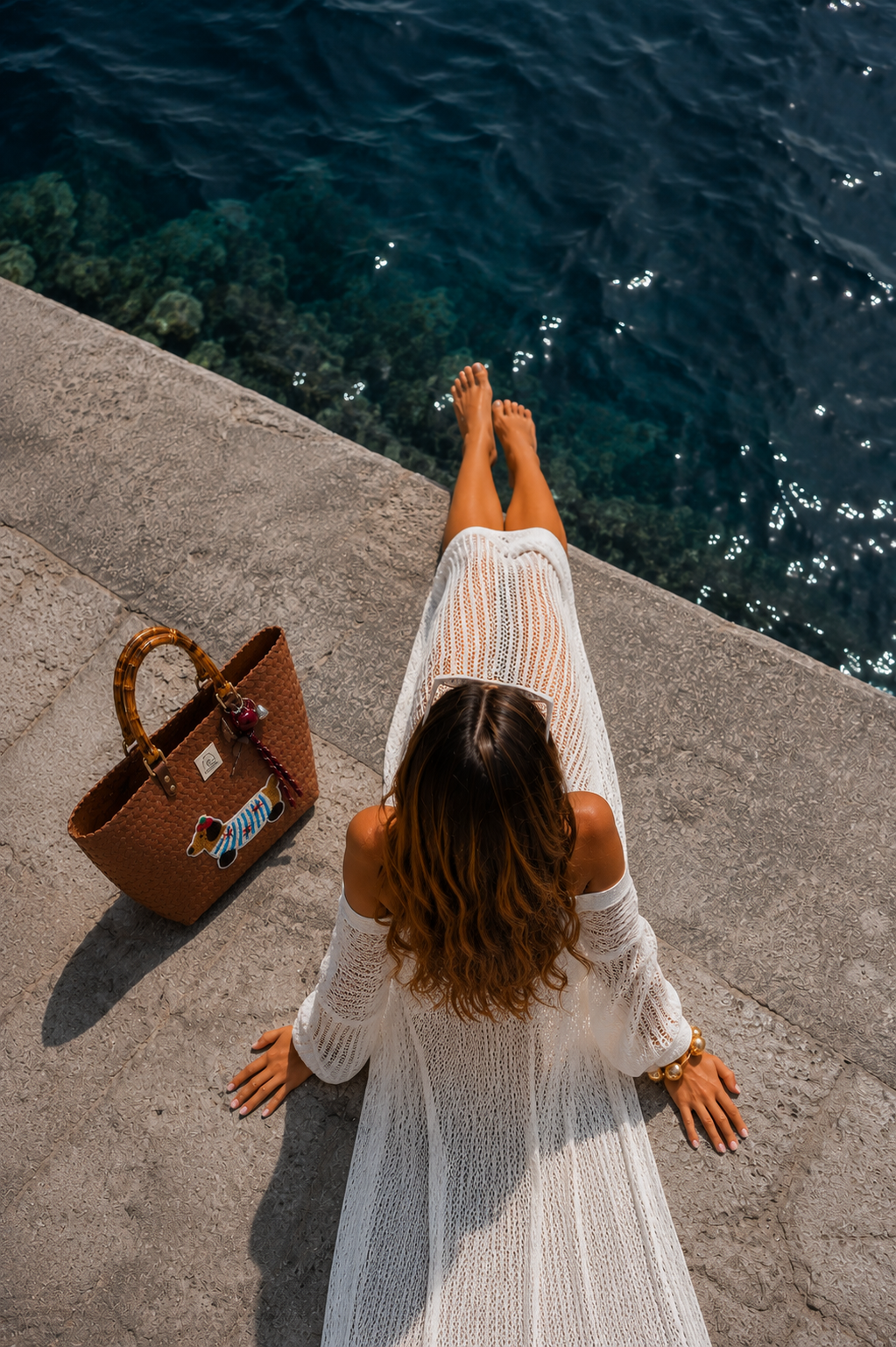 Woven Puppy Beach Bag Brown
