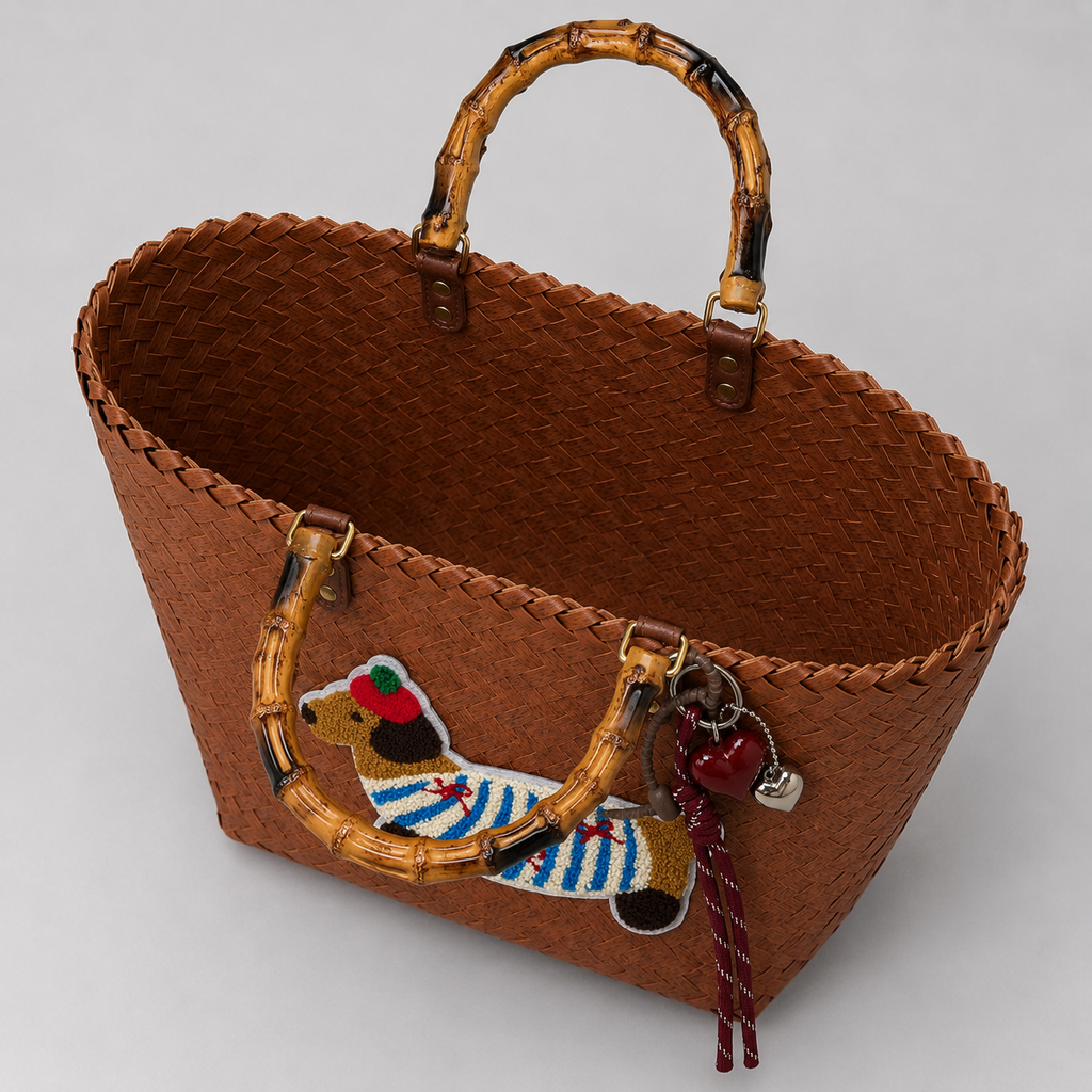 Woven Puppy Beach Bag Brown