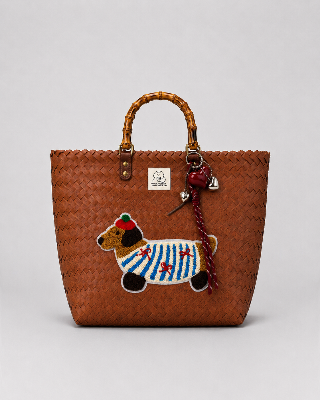 Woven Puppy Beach Bag Brown